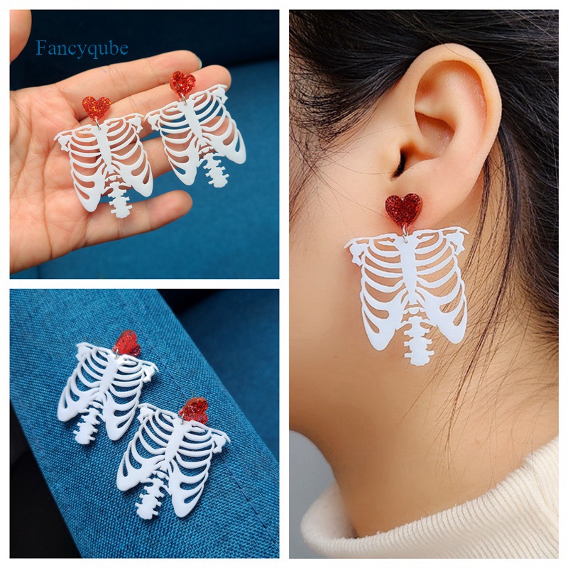 Fancyqube Anting Bentuk Tengkorak Horor Bahan Akrilik Warna Putih Untuk Wanita