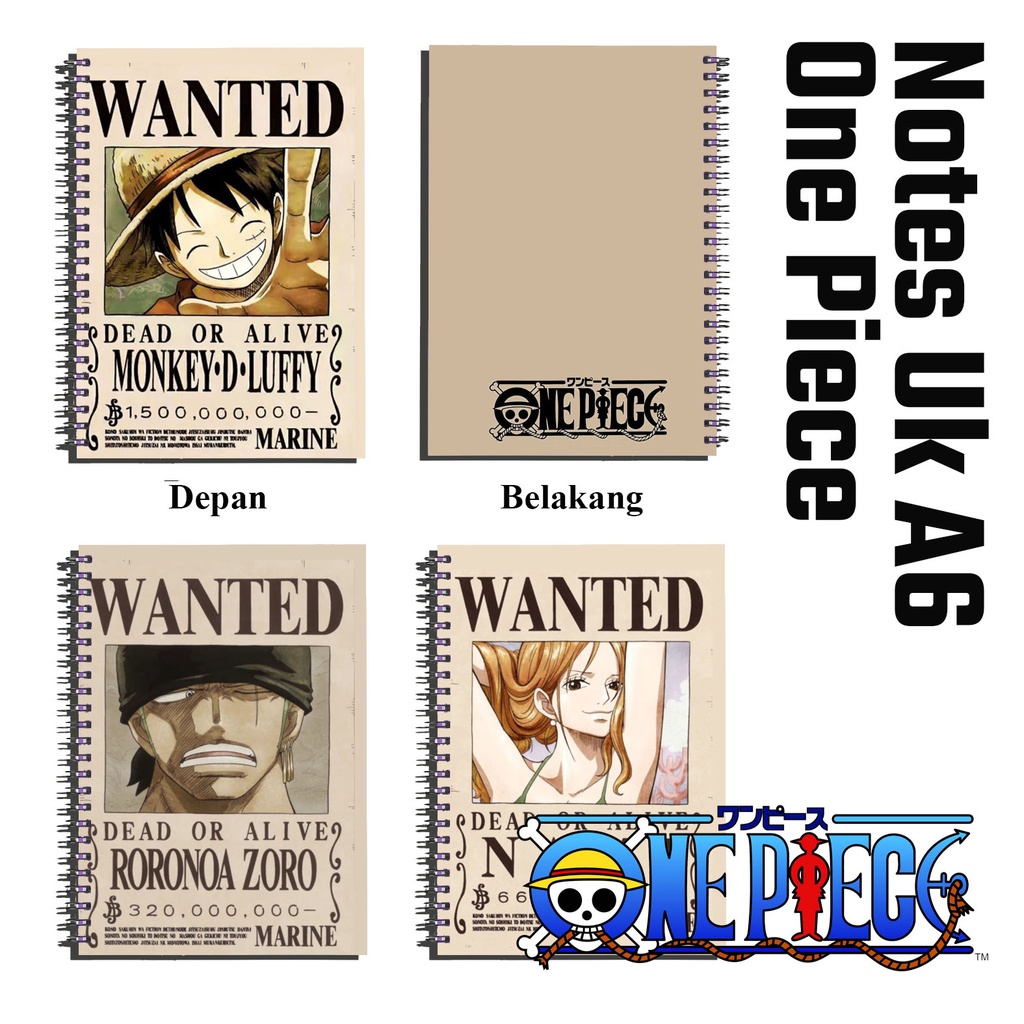 

notebook / buku catatan / bloknote anime One Piece Wanted bouty a6 full colour murah limited ukuran A6