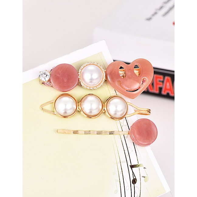 LRC Jepit Rambut Fashion Pink Alloy Pearl Love Hair Clip F44133