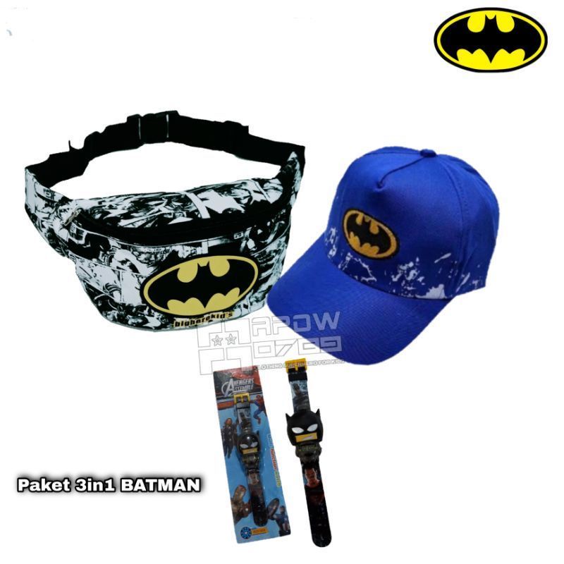 Paket Hemat 3in1 Tas Waistbag Batman Dinir+ Topi Bordir + Jam Tangan Pencet