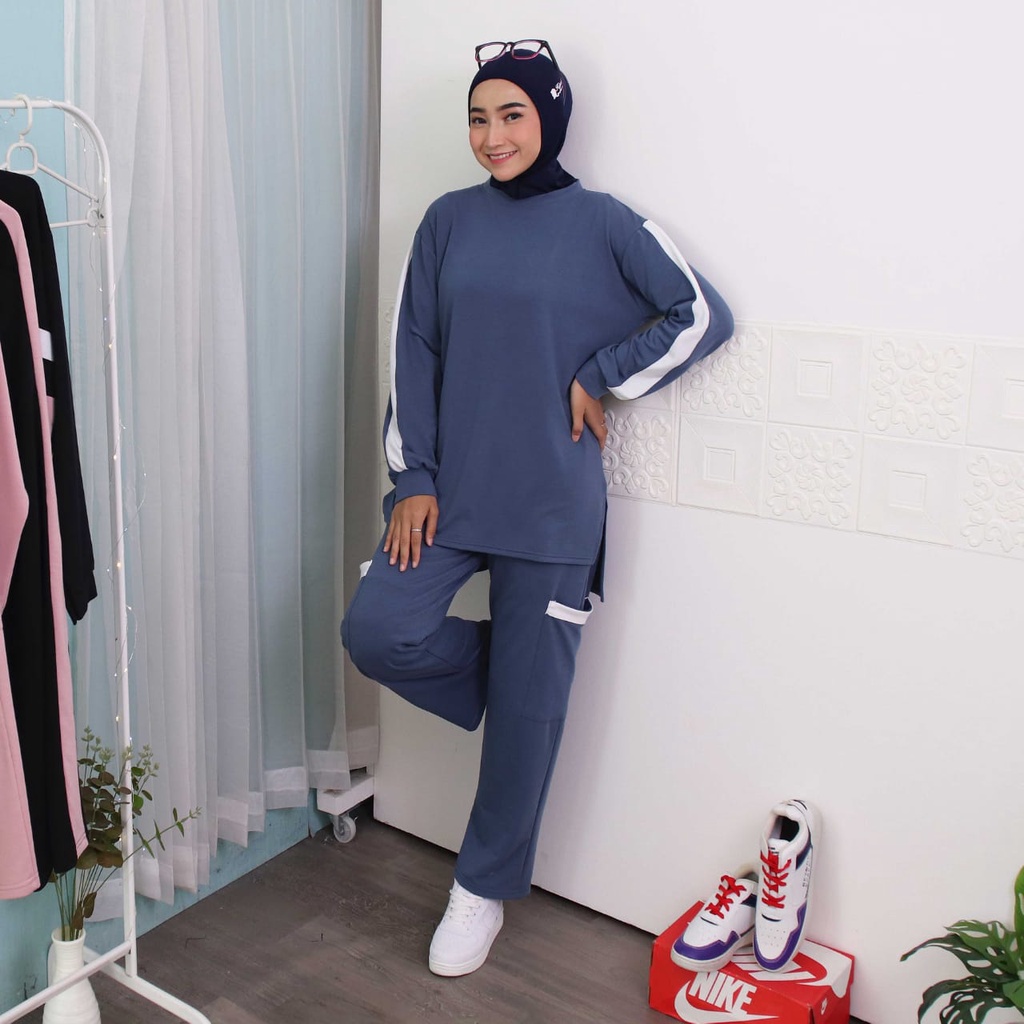 Setelan Olahraga Wanita Gowes Senam Jogging List 5-0003-Setcel List Blue