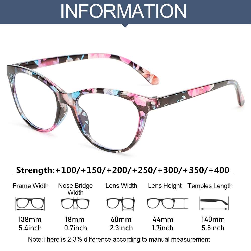 ROW Women Reading Glasses Comfortable Eye Protection Anti-Blue Light Eyeglasses Portable Elegant Fashion Flowers Vintage Ultra Light Frame/Multicolor