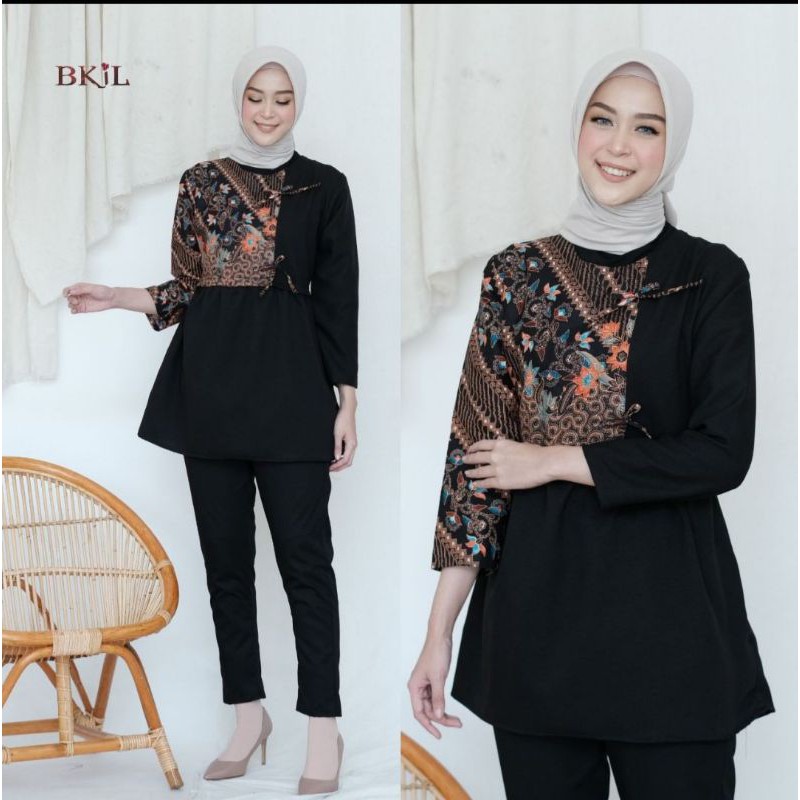 M-L-XL-XXL ATASAN BATIK WANITA MODERN ASJ SA HRB026 MONALISA GENES BLOUSE-Pita hitam