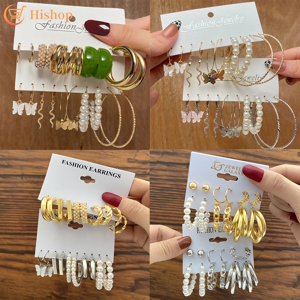 Set Anting Stud Desain Kupu-Kupu Aksen Mutiara Warna Emas Perak Gaya Vintage Untuk Wanita