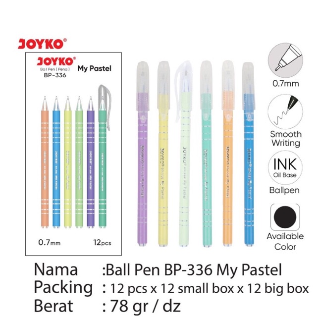 

( 12 pcs ) Bp336 Ball Pen My Pastel / Pulpen My Pastel / Pena tinta warna hitam Joyko BP-336
