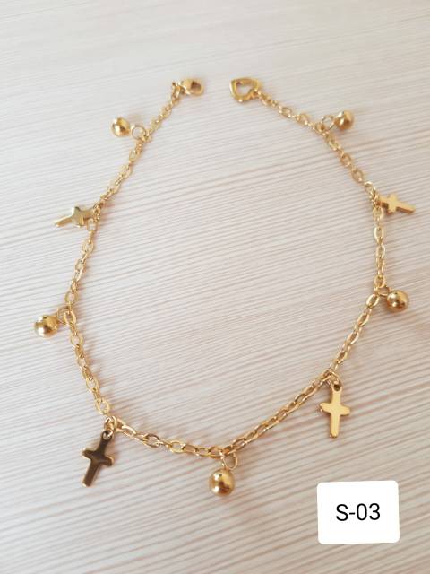 SET Gelang Tangan Gelang Kaki Salib Titanium Gold Impor Antikarat Gelang Jurai Salib Titanium Gold