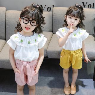 Set 2Pcs Baju  Atasan  Model Ruffle dengan Kerah Bulat dan 