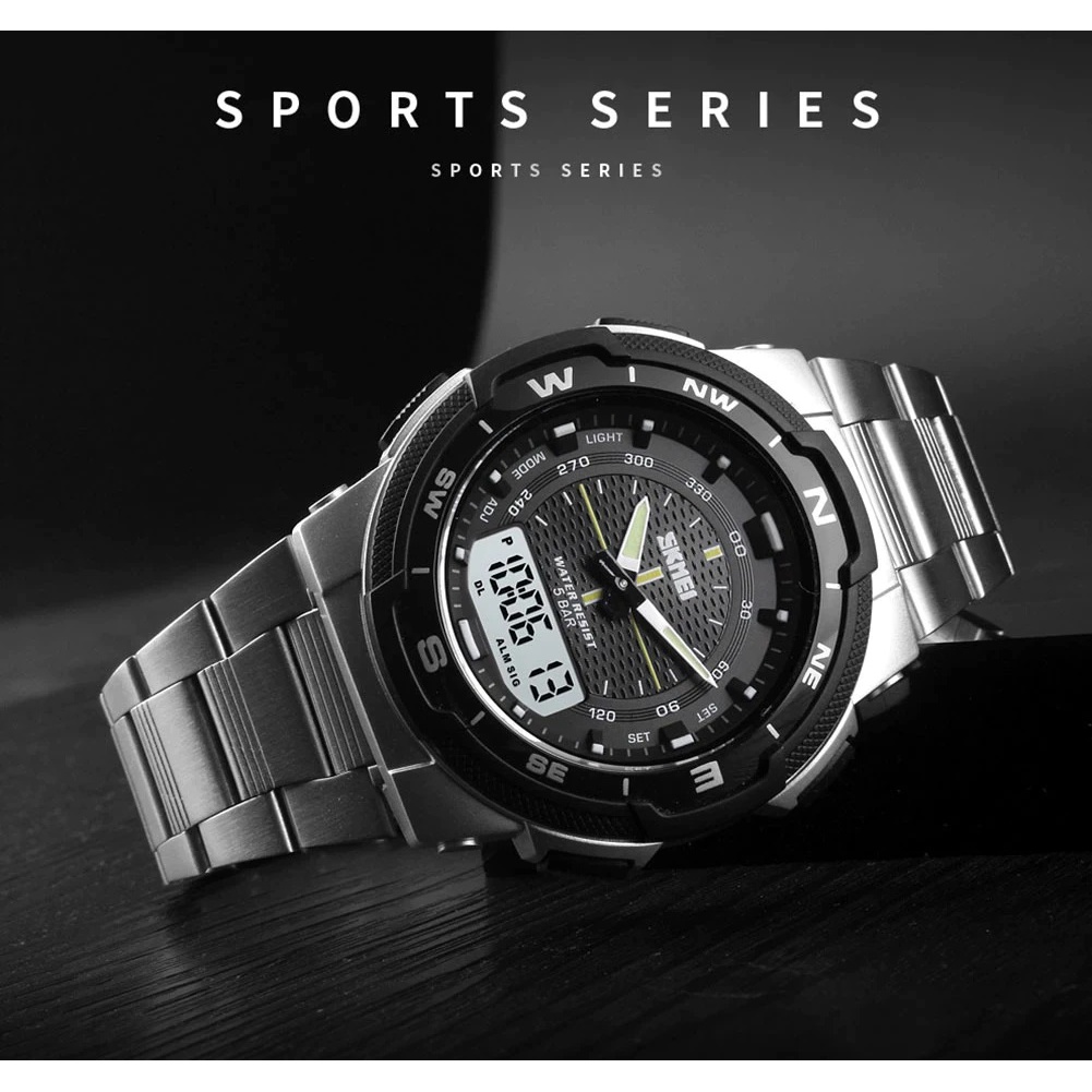 Jam Tangan Pria Stainless Steel Dual Display SKMEI Business Sport Original