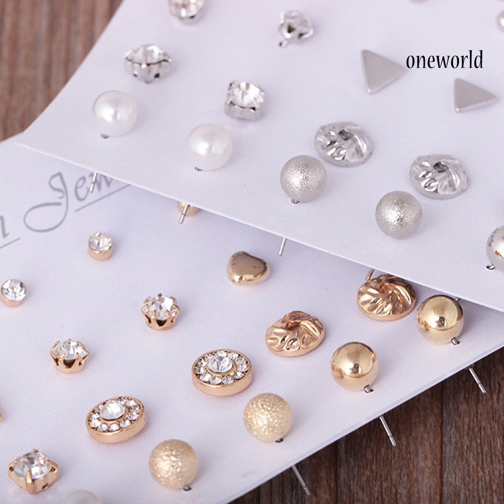 OW@ 12 Pairs Ear Studs Various Shape Rhinestone Women Earrings for Party