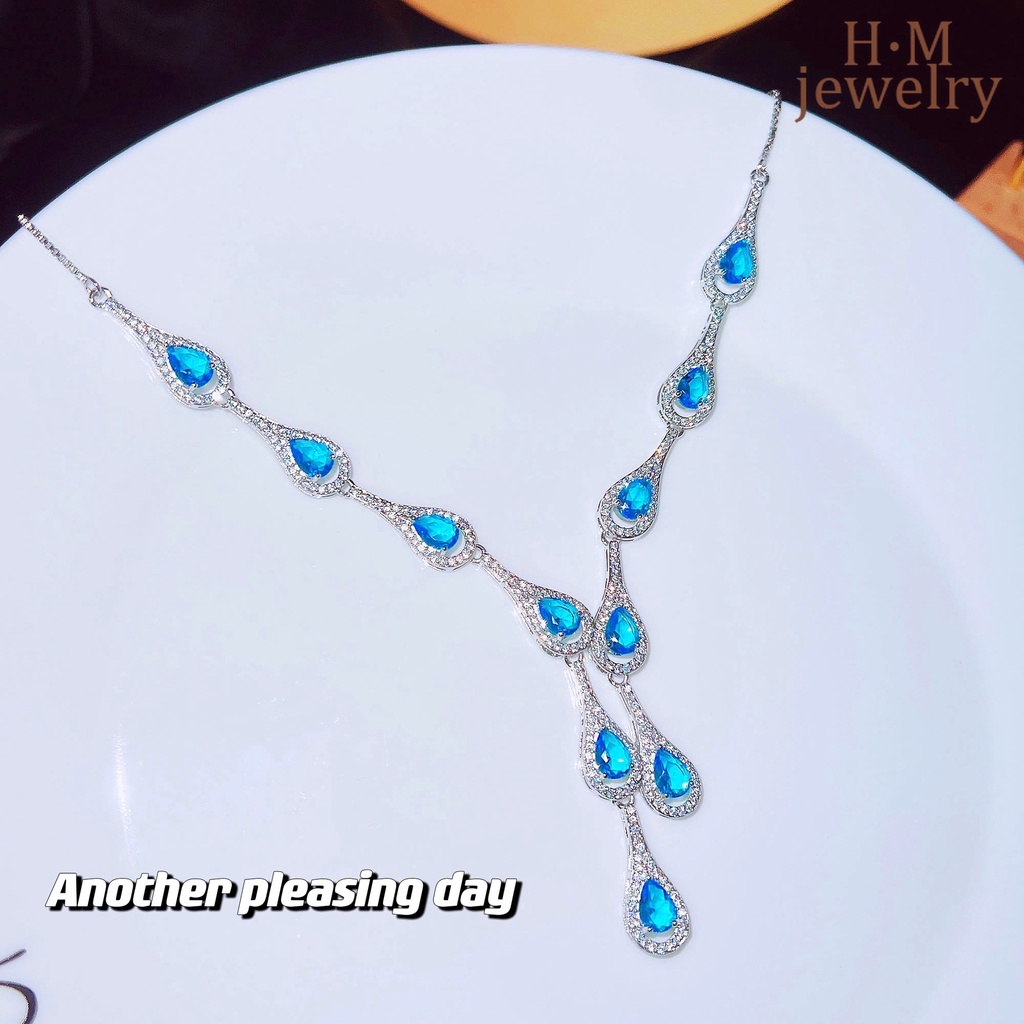 Kalung Rantai Sterling Silver 925 Dengan Liontin Batu Topaz Aquamarine Natural Untuk Wanita