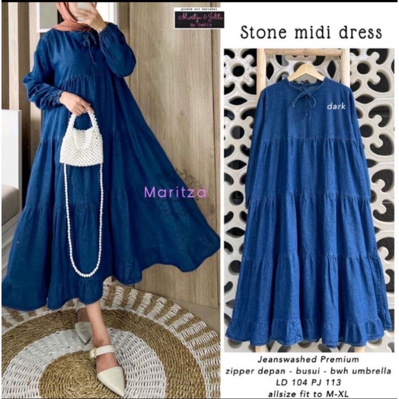 Dress Denim Midi Long Tunik Wanita Jeans Wash