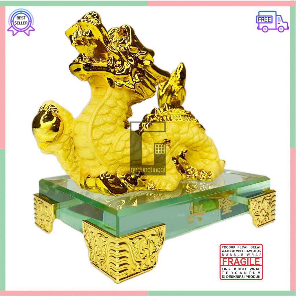 Pajangan Patung Hiasan Imlek 12 Shio Naga Dragon Liong Emas Gold Resin Hoki Rejeki Fengshui Kecil