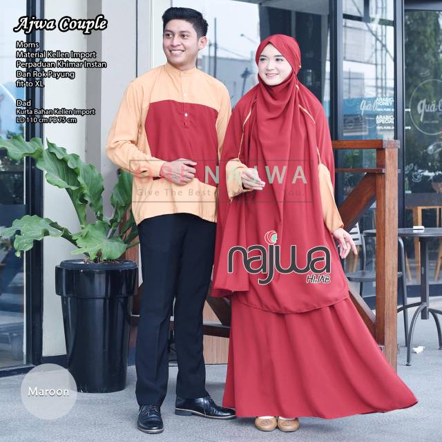 Couple frech khimar dan koko lengan panjang sarimbit gamis dan koko couple gamis syari set Ajwa