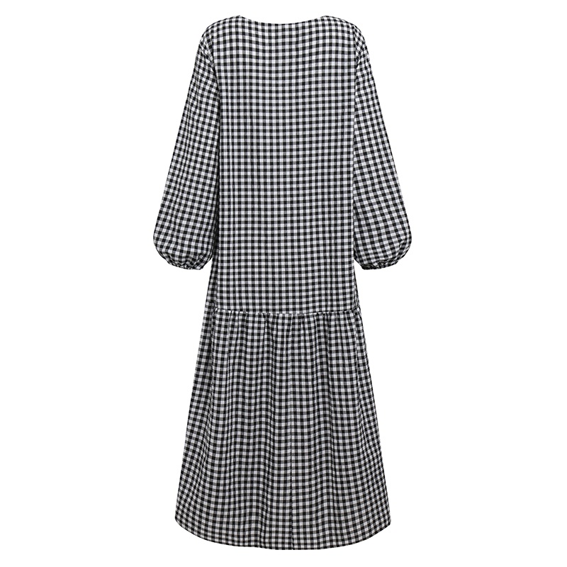 ZANZEA Women Casual Elastic Cuffs Puff Sleeve Plaid Muslim Long Dress