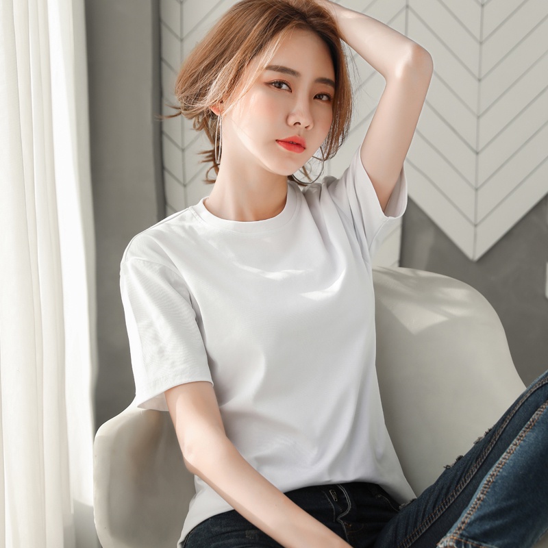 Putih Pure classic Kerah Bulat Lengan Pendek Kaos/Putih Korean Lengan Pendek T-shirt（realpict）