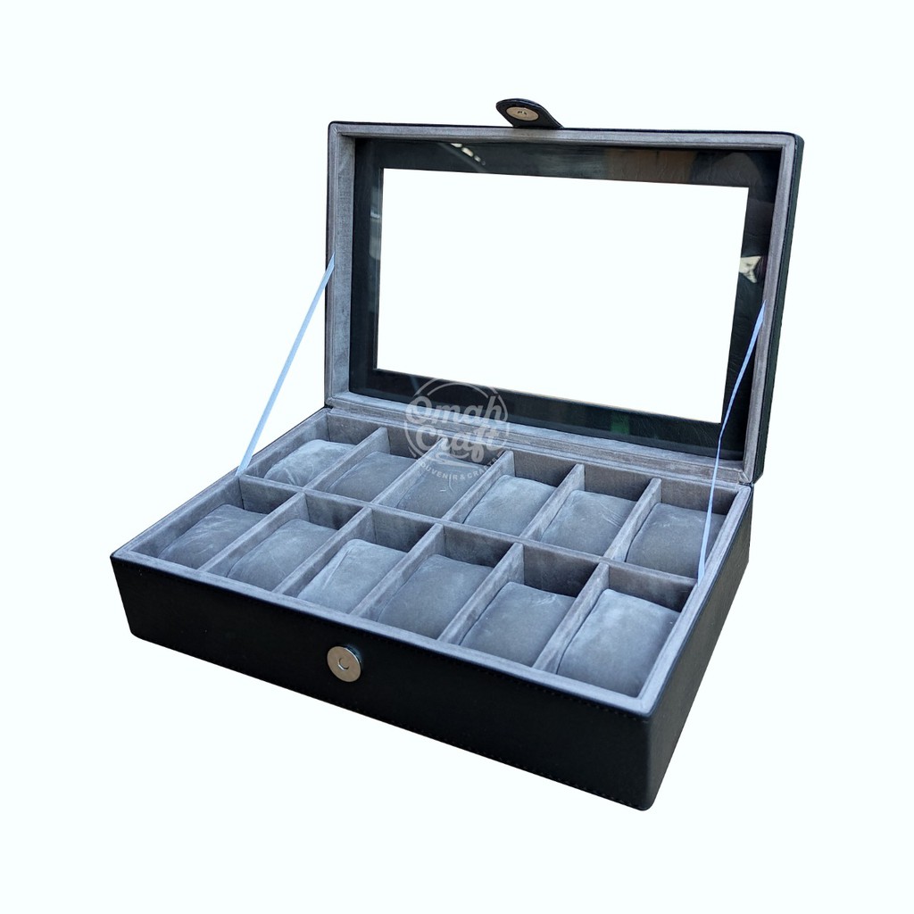 Box Jam Tangan isi 12 Warna Hitam dalam Abu / Kotak Penyimpanan Jam Tangan