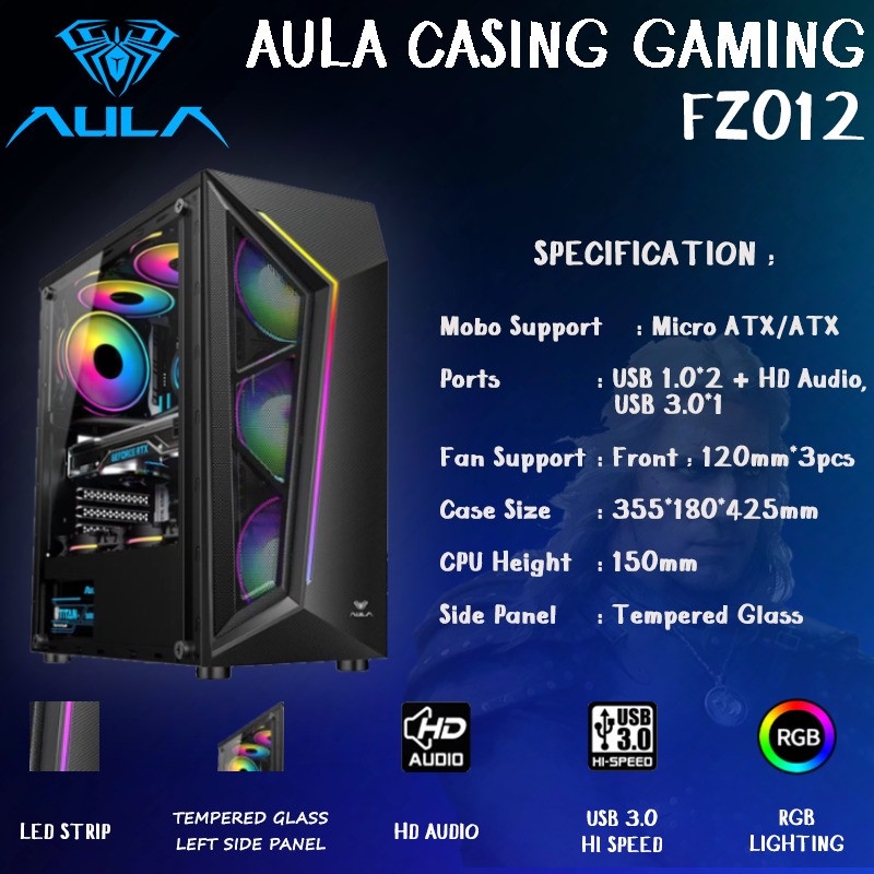 Casing CPU PC Gaming AULA FZ009 FZ011 FZ012 Micro ATX/ATX RGB TANPA PSU