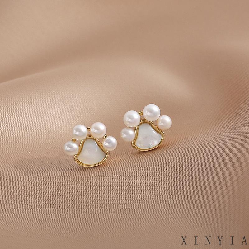 【Bayar di tempat】Anting Stud Desain Cakar Kucing Aksen Mutiara Bahan 925 Silver