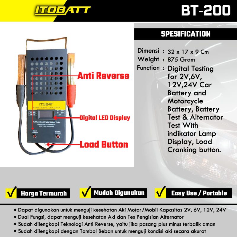 ITOBATT BT-200 Alat Tester Kesehatan Aki dan Pengisian Alternator