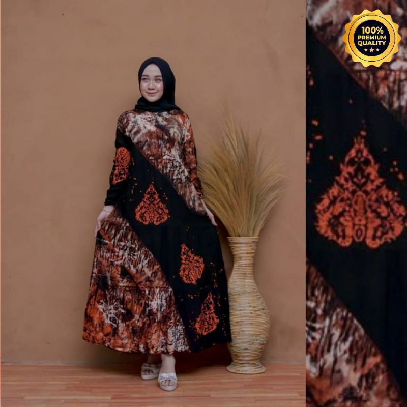 Gamis Twill Rayon Malaman Terbaru Kekinian Busui | Gamis Tiedye NEW-NA orange