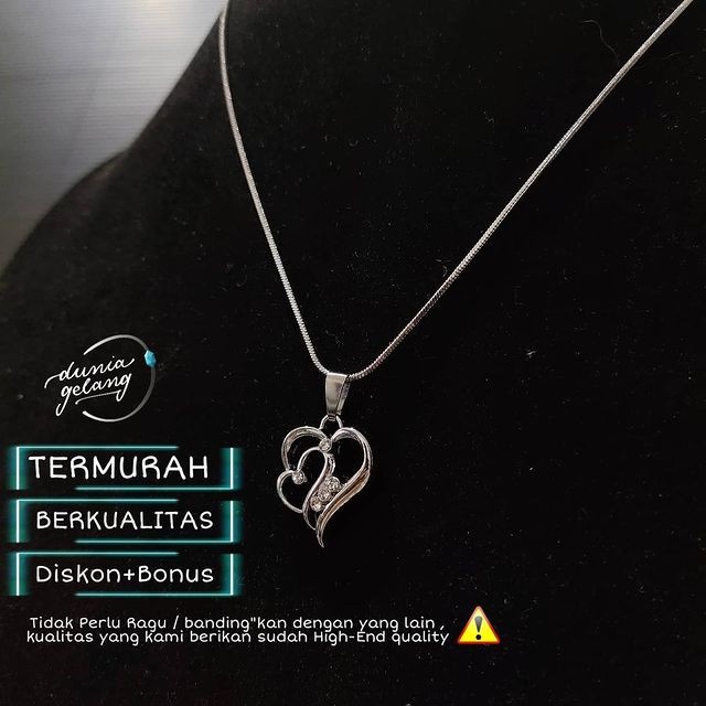 KALUNG TITANIUM LIONTIN HATI HEART LOVE SILVER / KALUNG ANTI KARAT TIDAK LUNTUR TAHAN AIR / KALUNG WANITA PRIA ANAK / DUNIAGELANG.ID