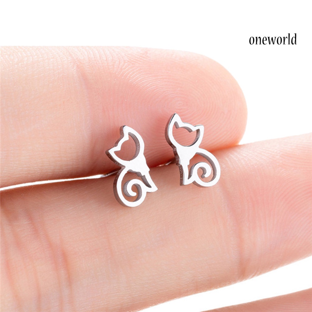 OW@ Minimalist Hollow Cat Stainless Steel Stud Earrings Cute Animal Women Jewelry