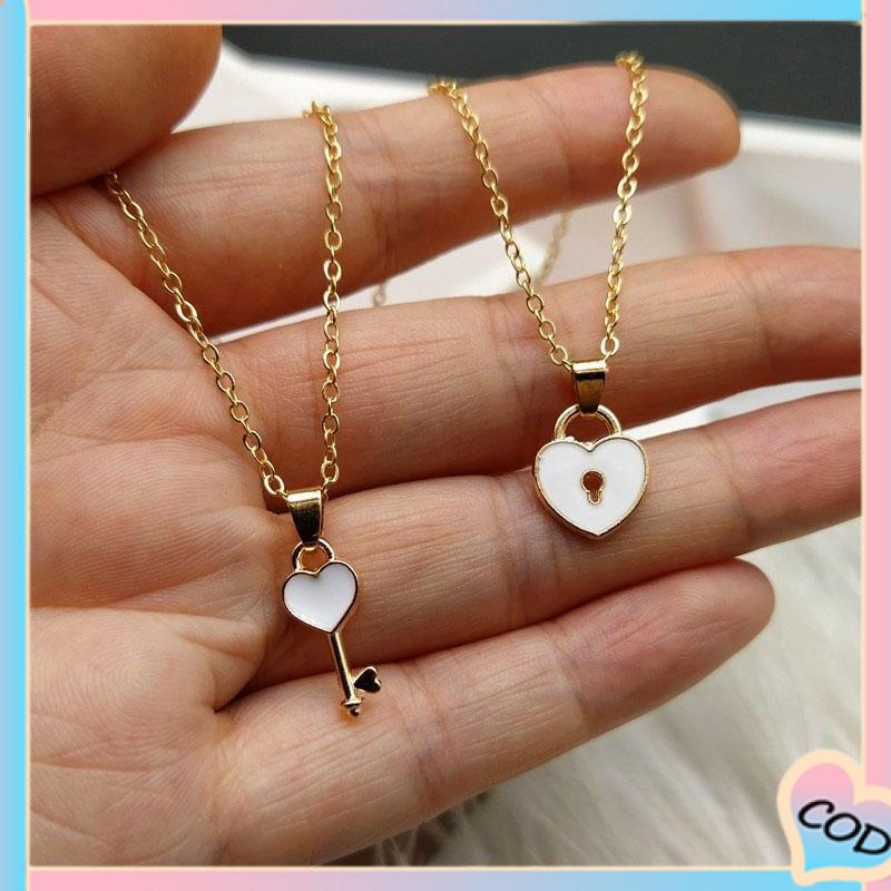 COD❤️ Desain Kunci Hati Pasangan Kalung Rantai Klavikula Proses Perawatan Minyak Menetes-A.one