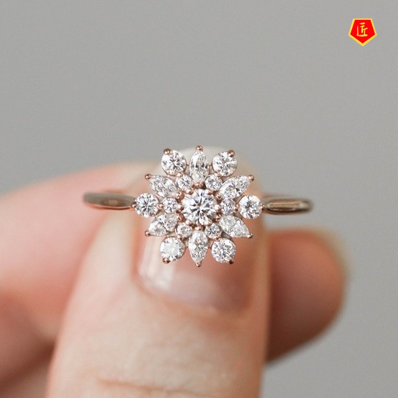 [Ready Stock]Creative Snowflake Diamond Ring 14K Rose Gold