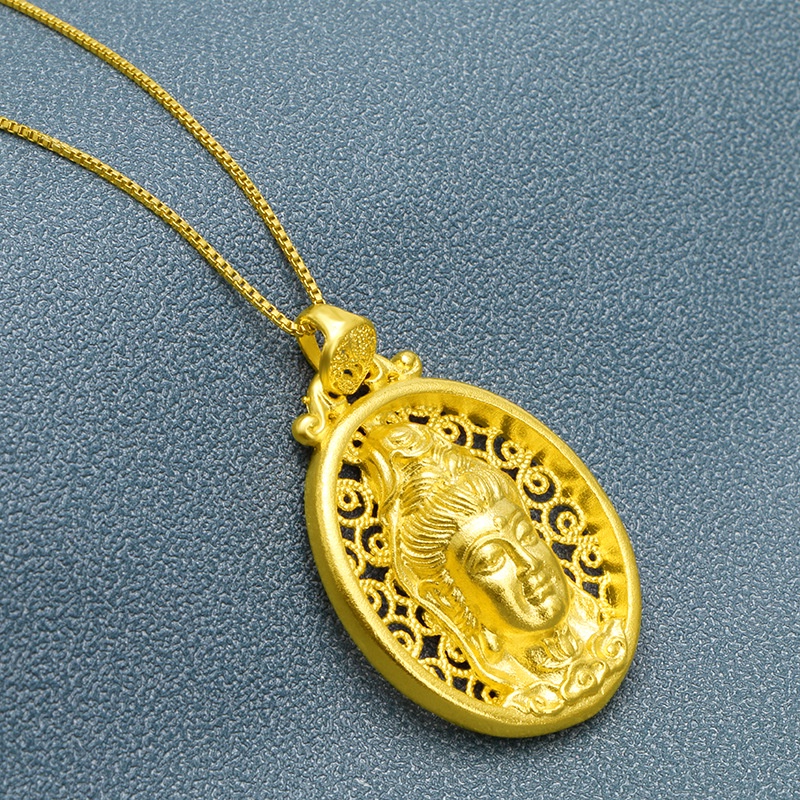 Kalung Liontin 3D Lapis Emas Emas Asli Kadar 375 Desain Buddha Avalokitesvara Gaya Klasik