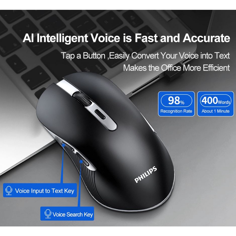 Philips M525 Wireless 2.4G Silent AI Voice Mouse Input Suara