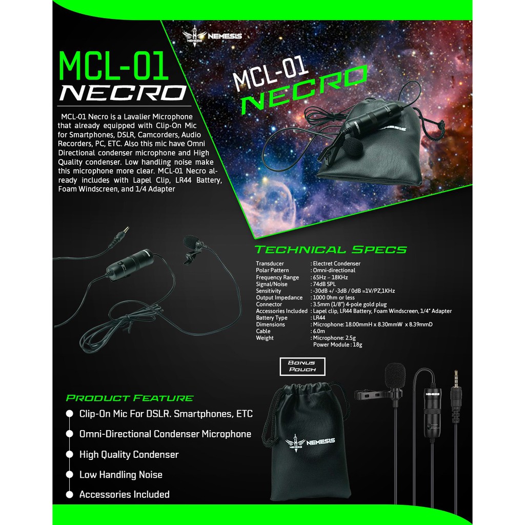 Mic Nyk nemesis 3.5mm TS 6.5mm Clip on lavalier necro Mcl-01 - Microphone jepit mcl01