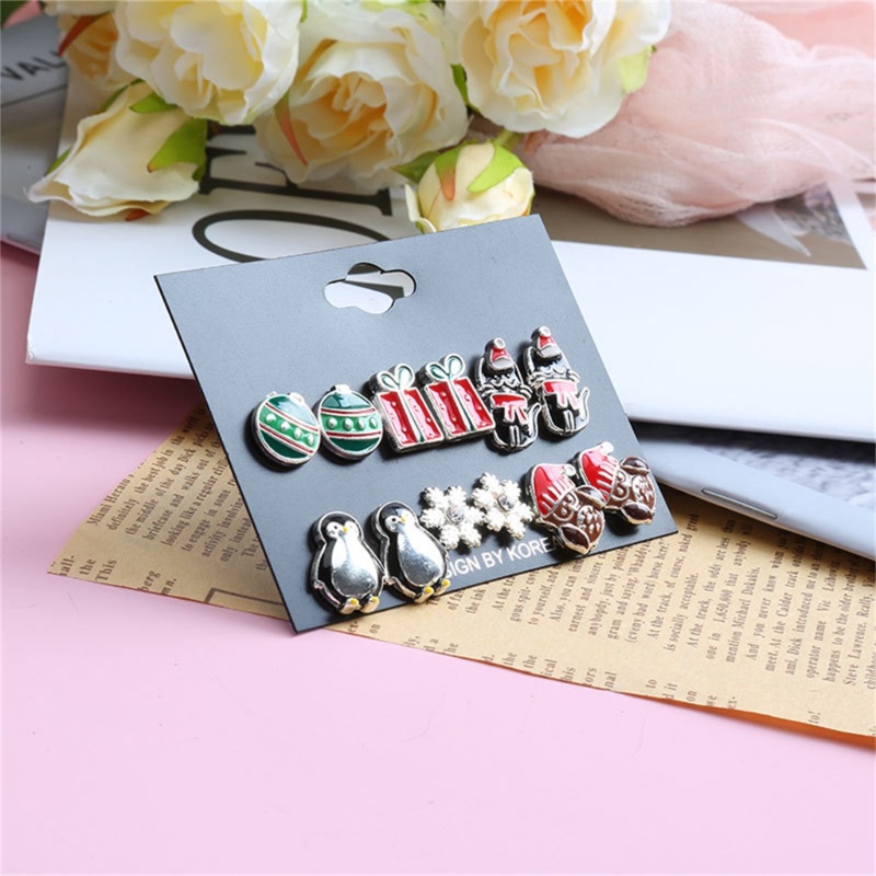 6 Pasang Anting Stud Desain Hewan Kepingan Salju Bola Unik Untuk Hadiah Natal Wanita