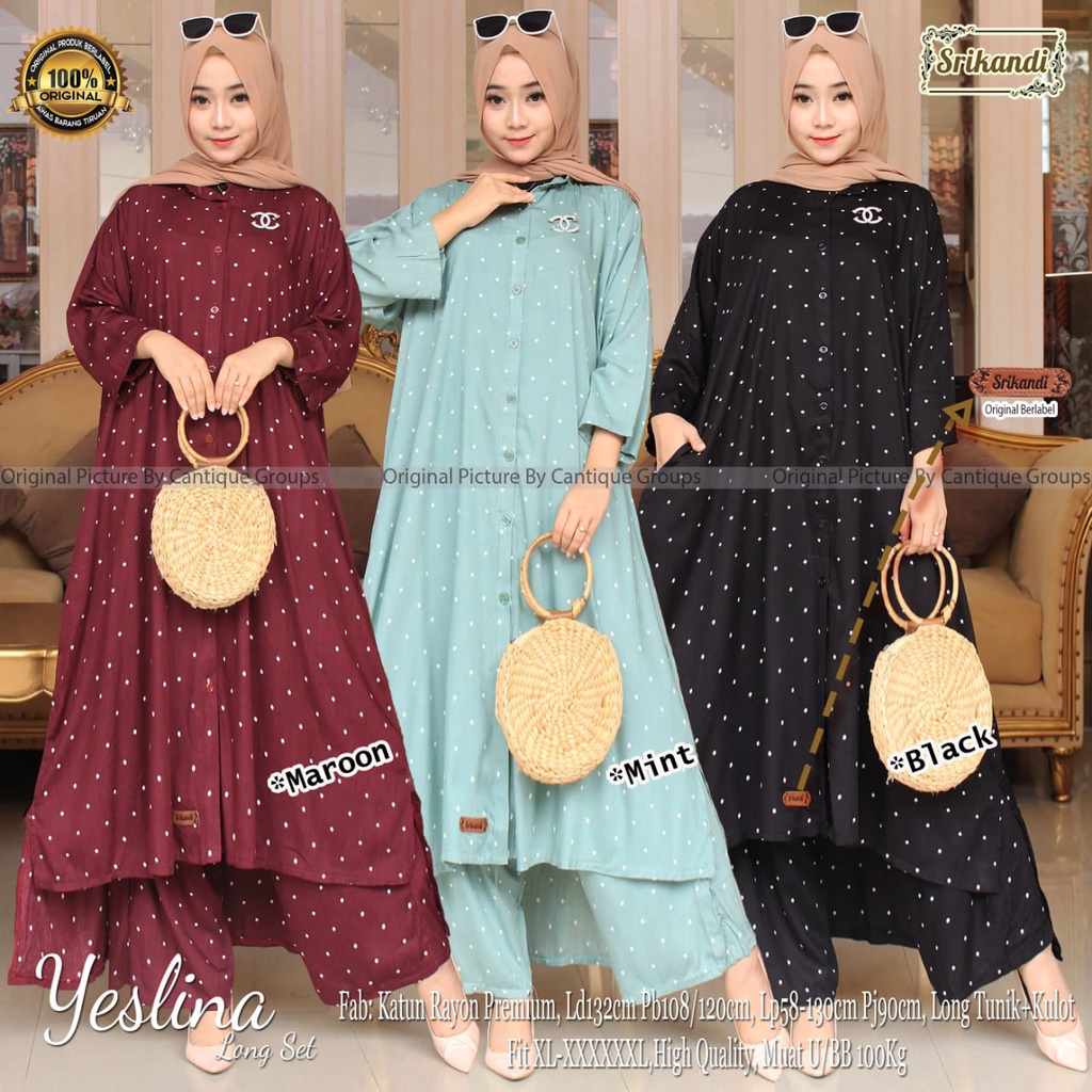 YESLINA LONG SET BY SRIKANDI STELAN ONE SET SETCEL TUNIK PANTS SIZE JUMBO CASUAL MOTIF POLKADOT BAHA