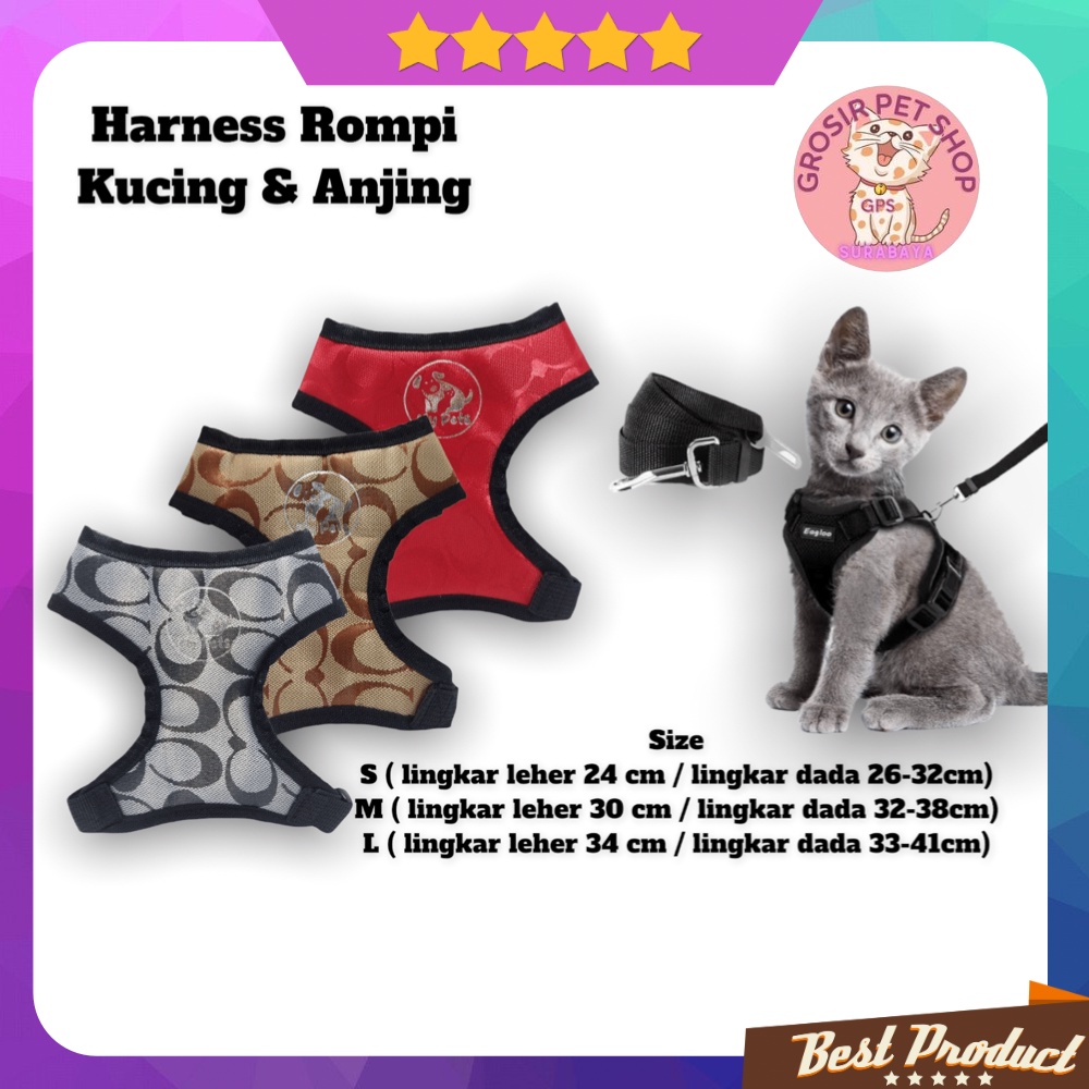 Rompi harness kucing anjing motif + tali tuntun kualitas premium baju kucing model rompi