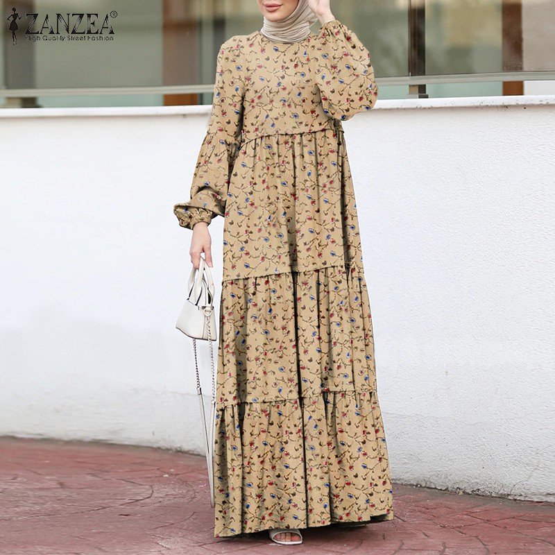 ZANZEA Women Long Sleeve Vintage Printed Tiered Long Muslim Dress