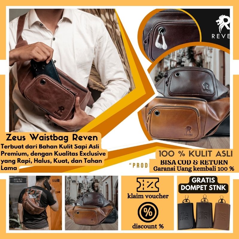Tas selempang pria kulit sapi asli Waistbag Zeus Reven Tahan Api Tahan Air Original by Bull Leather 