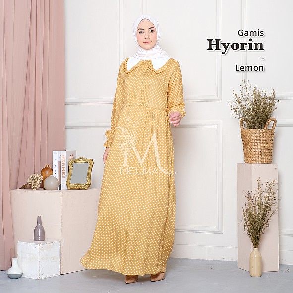 Gamis Wanita Dewasa Bahan Rayon Premium Motif Polka Polkadot Besar Jumbo Hyorin Lemon Kuning Mustard