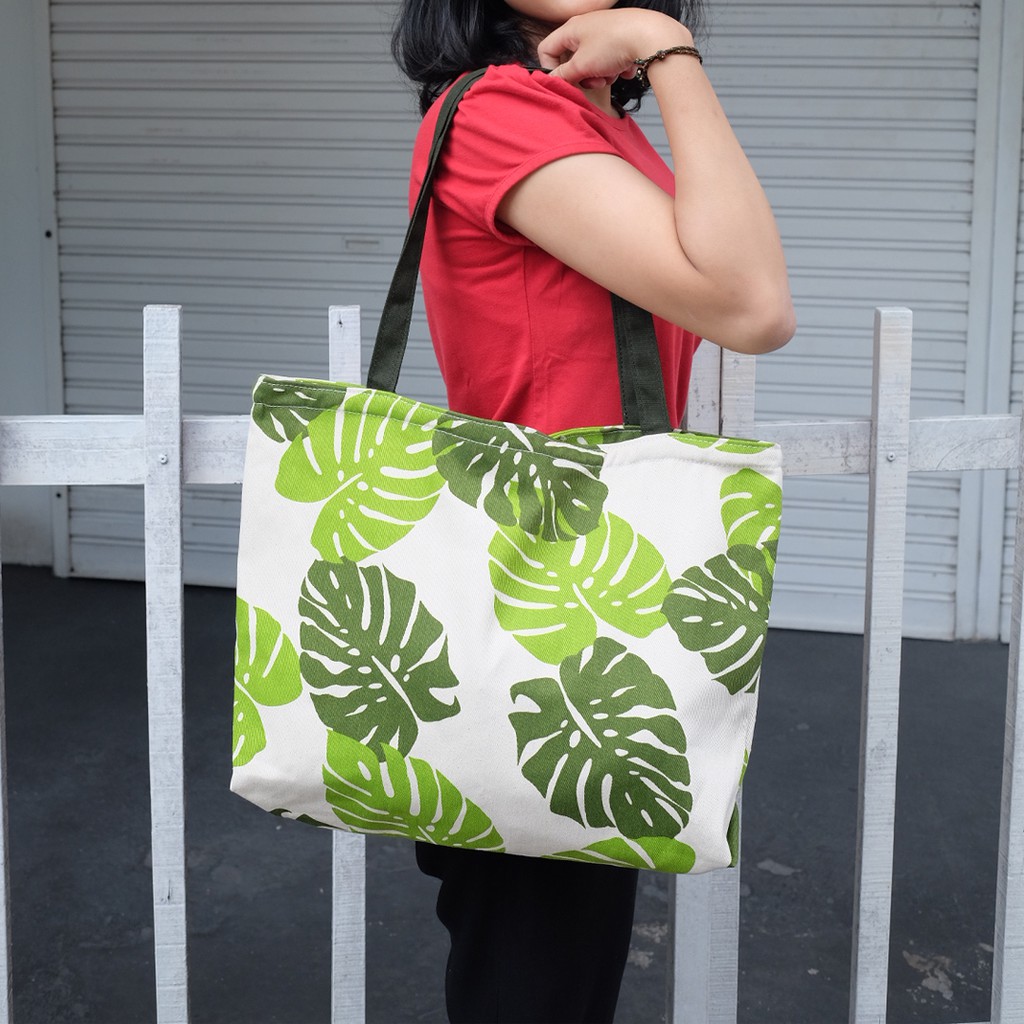 Tas Totebag Wanita Kanvas Resleting Multicolour Aesthetic handle Panjang - Tote bag canvas tebal Motif Daun