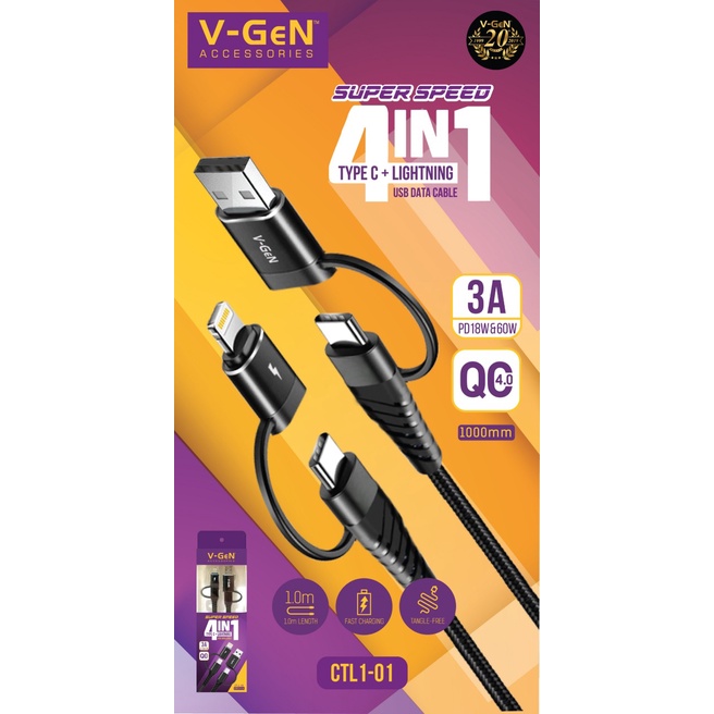 VGEN Kabel Data 4 in 1 Type C Lightning USB V-GeN CTL1-01 3A QC 4.0 PD Data Cable