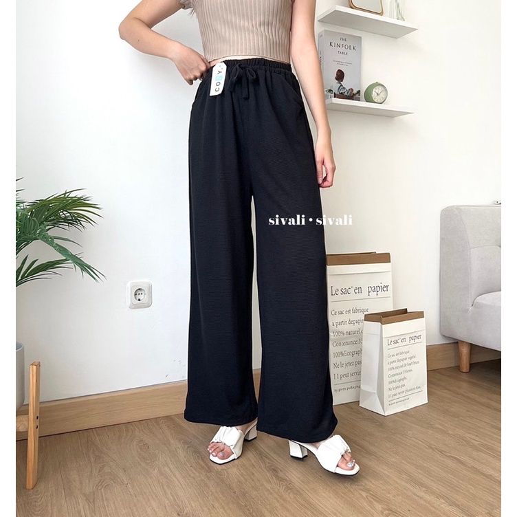 SIVALI Feya Pants - Celana Kulot Waffle Pinggang Karet Wide Leg Cullote 0279