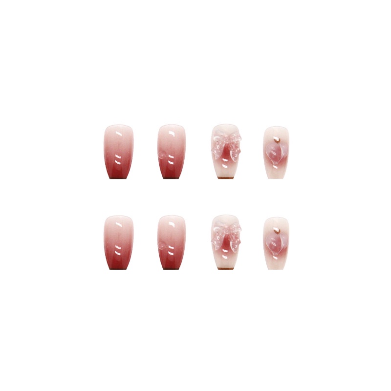 24pcs / Kotak Kuku Palsu Panjang Desain Butterfly Knot Hati Warna Gradasi Merah Transparan Untuk Dekorasi Nail Art