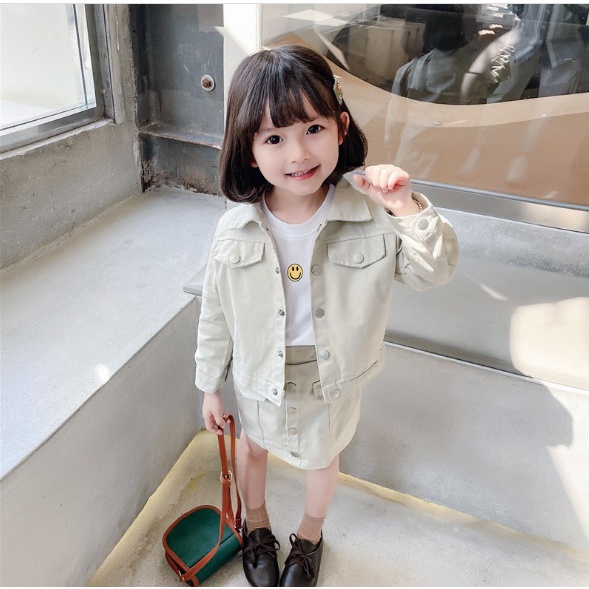 SETELAN LENGAN PANJANG + ROK ANAK CEWEK MODEL KEMEJA CREAM PINK  100-140 KANCING BULAT BULAT