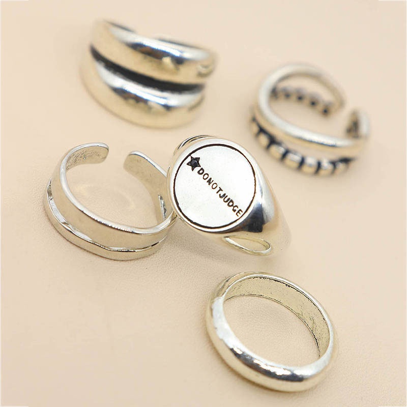 5pcs / Set Cincin Model Terbuka Desain Bintang / Tulisan / Ombak Asimetris Gaya Punk Untuk Wanita