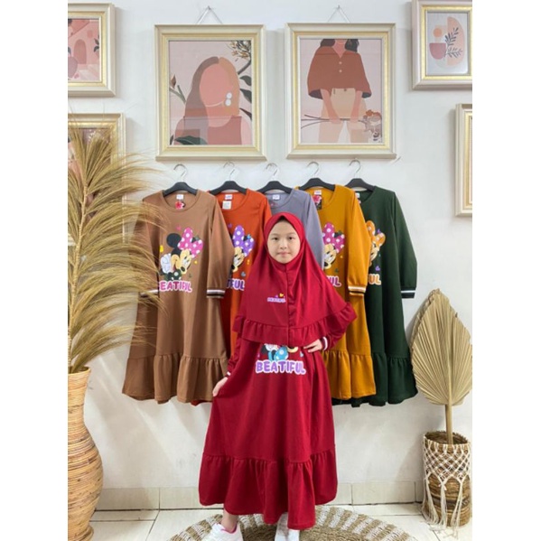 Gamis anak perempuan rempel sablon Minnie beautiful + jilbab bahan voxy premium merk latin