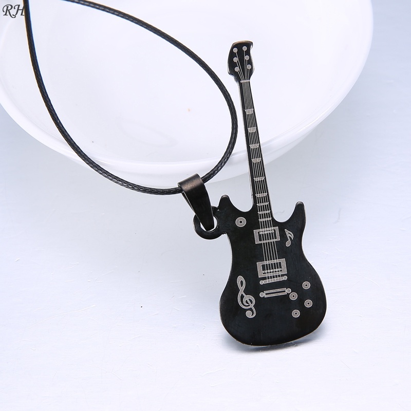 Kalung Rantai Kulit Liontin Gitar Bahan Stainless Steel Warna Hitam Untuk Pria