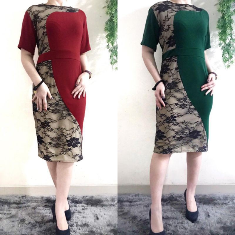 Dress Mewah kombinasi Brokat Scuba Premium