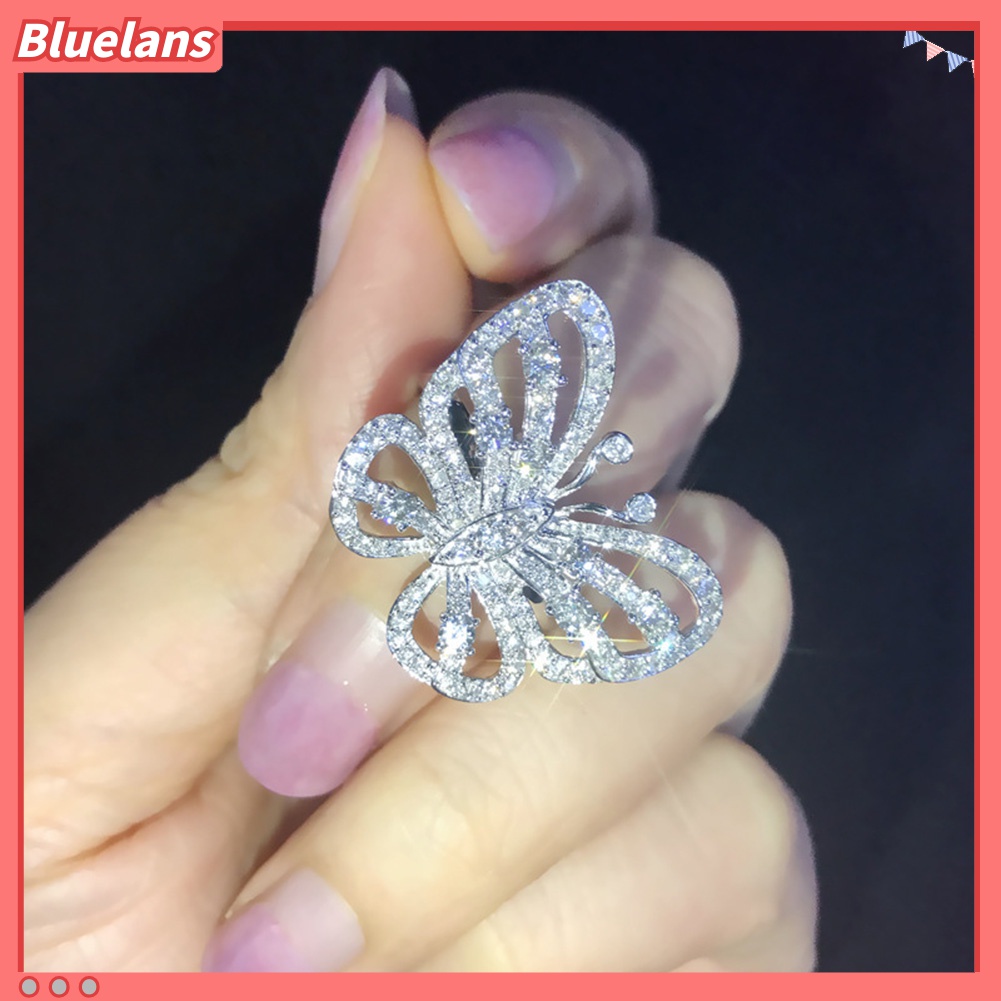 Cincin Jari Wanita Bentuk Kupu-Kupu Hollow Aksen Berlian Imitasi Untuk Pesta Pernikahan