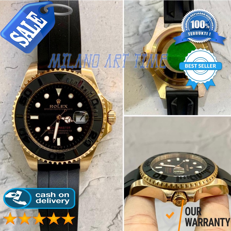 BIG SALE  JAM TANGAN ANALOG PRIA BRANDED ROLEX YACHT MASTER BLACK DIAL RUBBER STRAP AUTOMATIC BOX OR