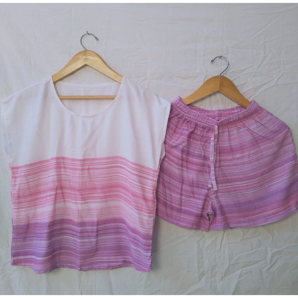 BAJU WANITA/ PAKAIAN PIYAMA  MOTIF SALUR GRADASI WARNA-SALUR PINK