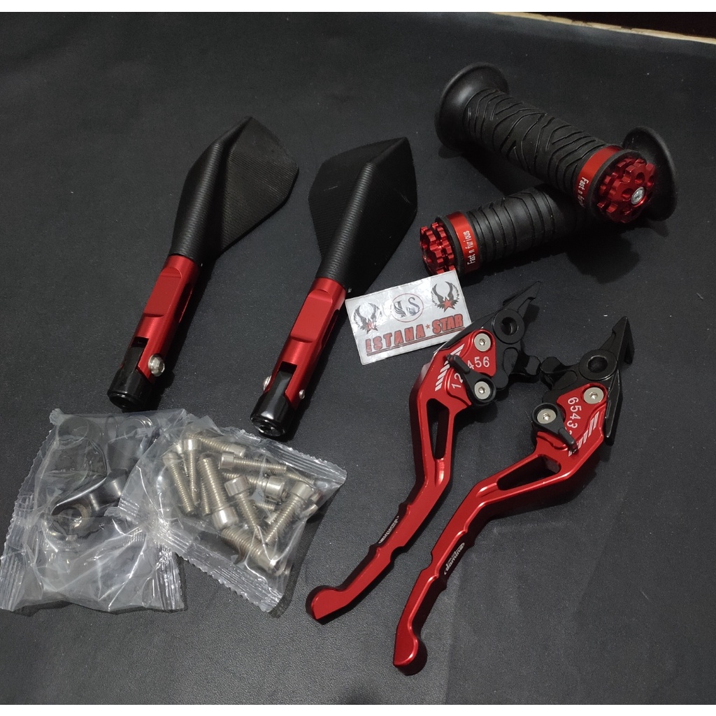 Aksesoris NMAX OLD/NEW Handle REM Variasi Motor FULL CNC NMAX - Merah plus spion tomok plus grip ring